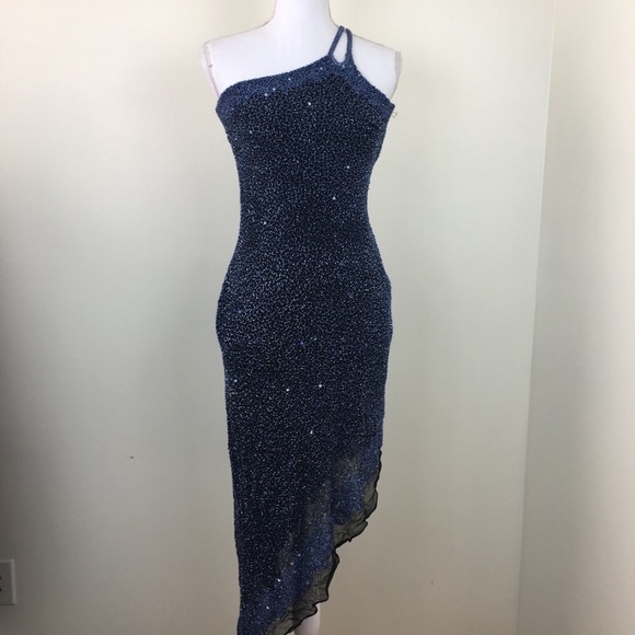 Scala Dresses & Skirts - Scala Blue Beaded Mermaid One Shoulder Dress